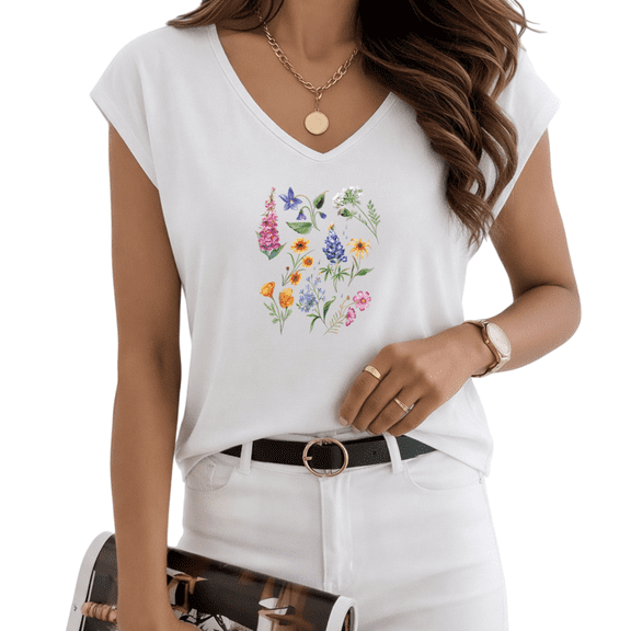 UNISHE Women's Watercolor Wildflower White V-Neck Sleeveless T-Shirt S-5XL Daily Tank Top