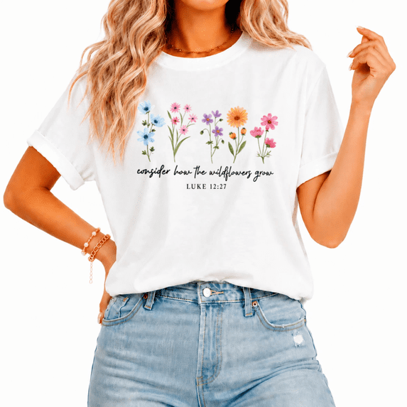 UNISHE Women's Watercolor Wildflowers Luke 12 27 Bible Verse Graphic Short Sleeve T-shirt Loose Fit Casual Everyday Tee