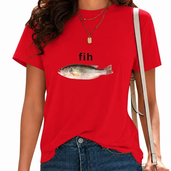 UNISHE Women's Weird Text Fish Print Short Sleeve Tee Trendy Outdoor Top for Daily Outfit Red, 2XL