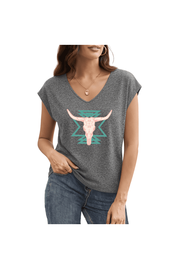Women's Western Aztec Longhorn Skull Graphic V-Neck Short Sleeve T-Shirt Casual Loose Boho Summer Tees
