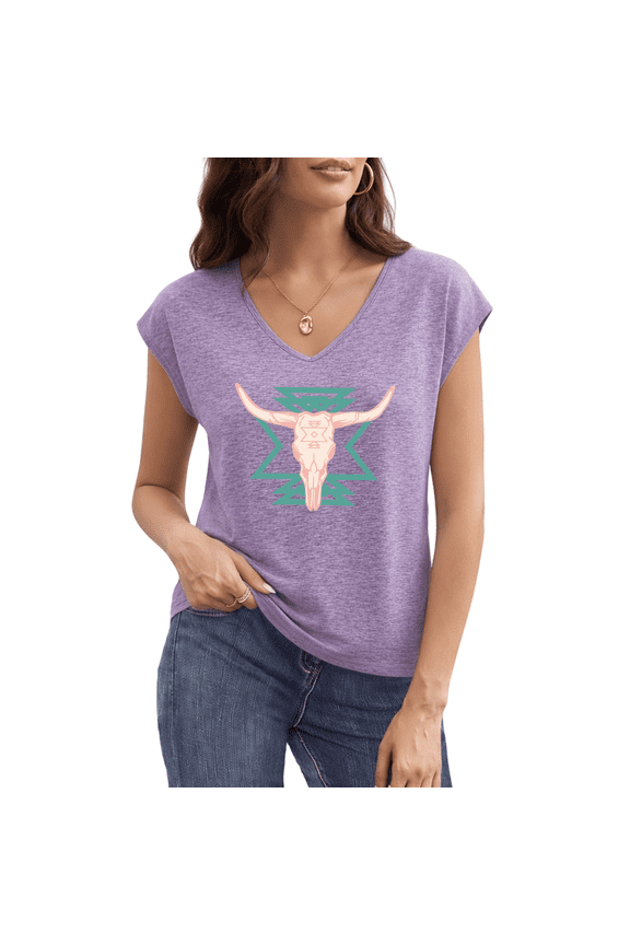 Women's Western Aztec Longhorn Skull Graphic V-Neck Short Sleeve T-Shirt Casual Loose Boho Summer Tees
