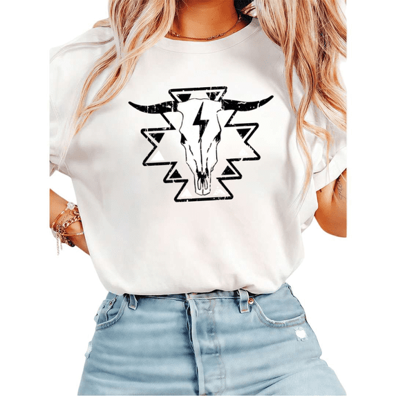 UNISHE Women's Western Bull Skull Aztec Graphic Short Sleeve T-Shirt Casual Cotton Crewneck Top
