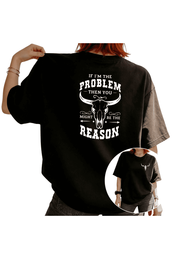Women's Western Bull Skull Sassy Quote Print Short Sleeve T-Shirt Black Cotton Back Print Top