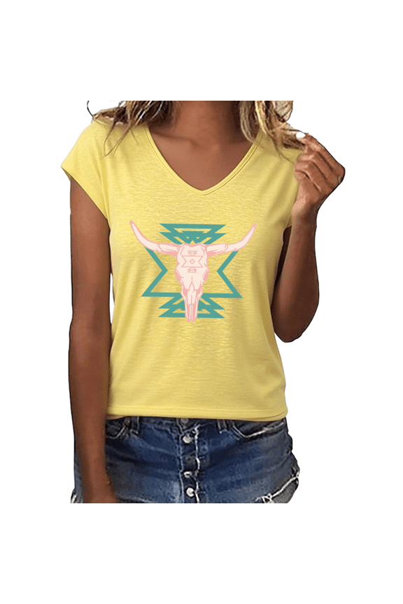 Women's Western Bull Skull with Aztec Geometric Pattern Graphic V-Neck Short Sleeve T-Shirt Casual Tee