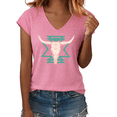 thumbnail image 1 of UNISHE Women's Western Bull Skull with Aztec Geometric Pattern Graphic V-Neck Short Sleeve T-Shirt Casual Tee, 1 of 6