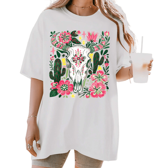 UNISHE Women's Western Cow Skull Cactus Pink Wildflower Star Southwest Graphic Short Sleeve T-shirt Relaxed Fit
