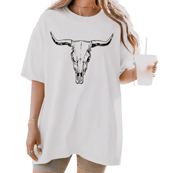 UNISHE Women's Western Cow Skull Line Art Graphic Short Sleeve T-Shirt Casual Breathable Crewneck Top
