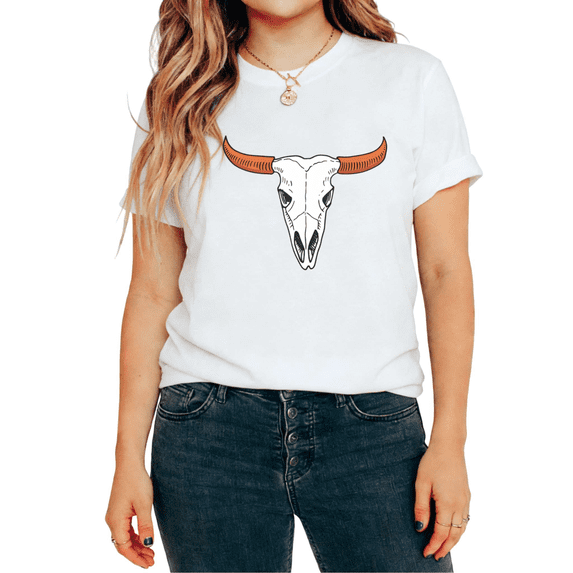 UNISHE Women's Western Cow Skull Minimalist Graphic Short Sleeve T-Shirt Cotton Soft Breathable Regular Fit Tees Tops