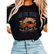 UNISHE Womens Western Desert Cactus Jeep Trip Graphic Short Sleeve T-Shirt Casual Cotton Crewneck Top Black S-5XL
