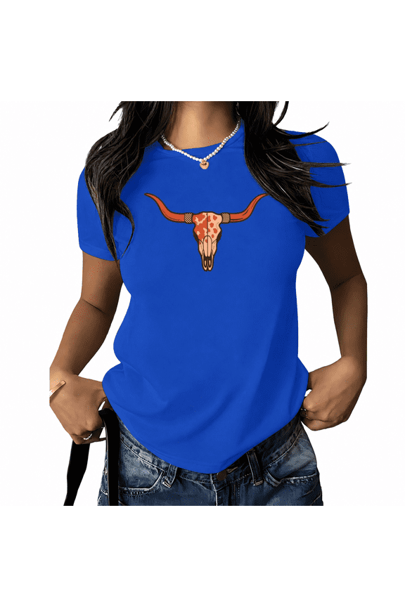 Women's Western Painted Bull Skull Graphic Tee Vintage Longhorn Country Style Short Sleeve T-Shirt Casual Crewneck Loose Fit Blue