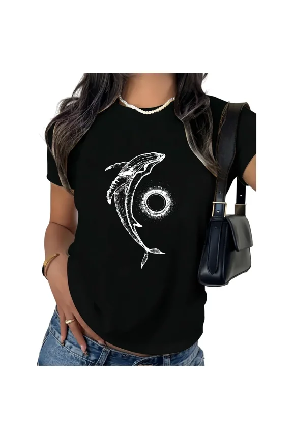 Women's Whale Moon Graphic Short Sleeve T - Shirt Boho Cotton Crewneck Top