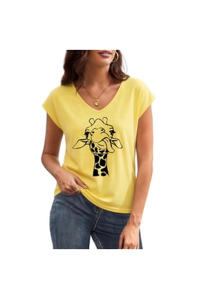 Women's Whimsical Giraffe Line Drawing Graphic V Neck Short Sleeve T-Shirt Casual Summer Tees