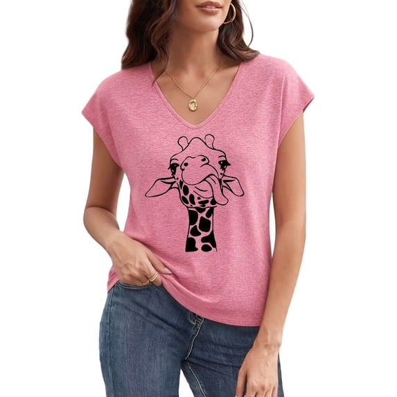 UNISHE Women's Whimsical Giraffe Line Drawing Graphic V Neck Short Sleeve T-Shirt Casual Summer Tees