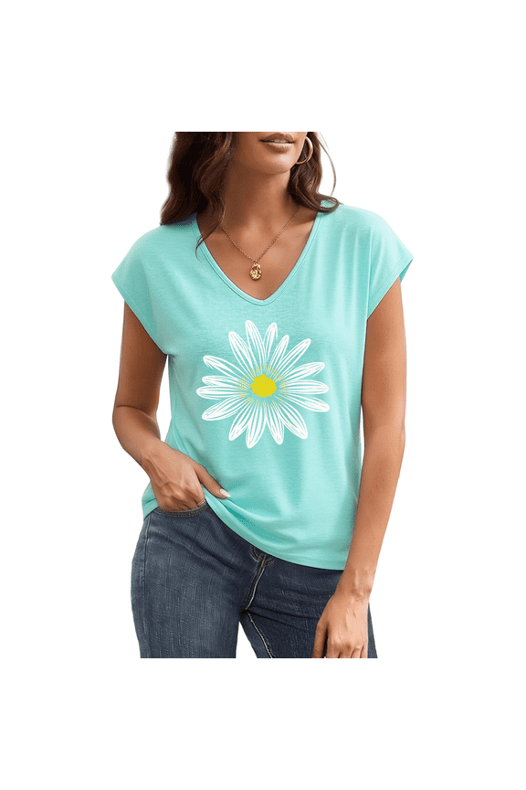 Women's White Daisy Boho Floral Minimal Fresh Aesthetic Graphic V Neck Sleeveless Tops T Shirt Trendy Casual Tees