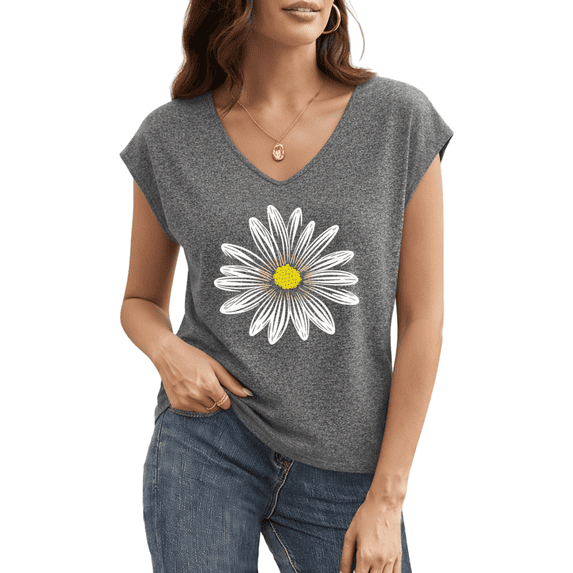 UNISHE Women's White Daisy Boho Floral Minimal Fresh Aesthetic Graphic V Neck Sleeveless Tops T Shirt Trendy Casual Tees