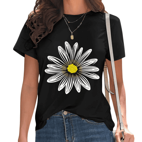 UNISHE Women's White Daisy Floral Sketch Casual Crew Neck Short Sleeve T-Shirt Top