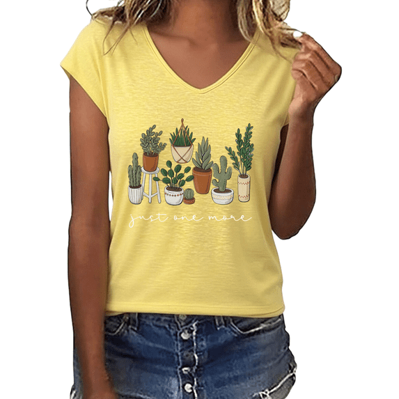 UNISHE Women's White Just One More Potted Plants Graphic V-Neck Short Sleeve T-Shirt Funny Plant Lover Tee