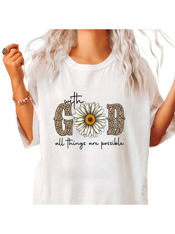 Women's White Leopard Letter Daisy Print Graphic Short Sleeve T-Shirt Relaxed Style Tops