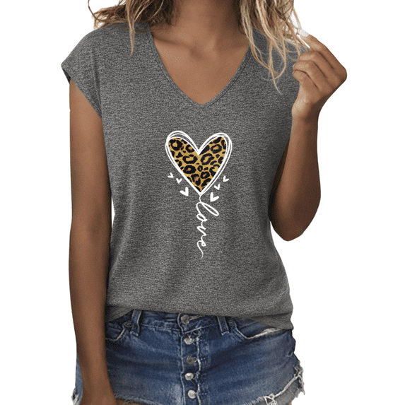 UNISHE Women's White Leopard Print Heart Love Graphic V-Neck Short Sleeve T-Shirt Casual Tee