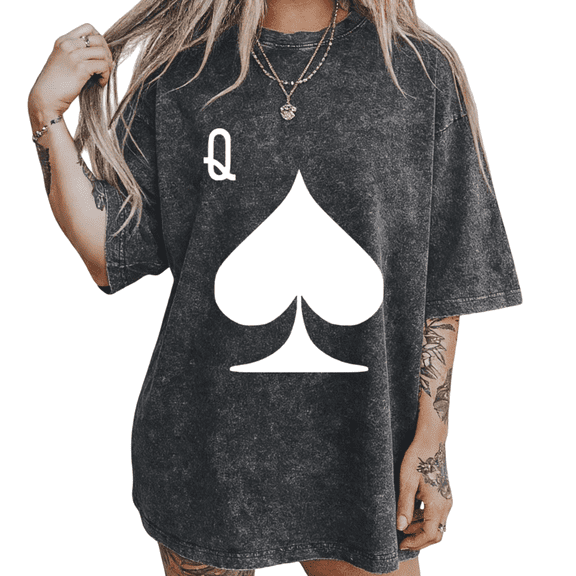 UNISHE Women's White Queen of Spades Graphic Vintage Washed Oversized T-Shirt Casual Relaxed Fit Tee