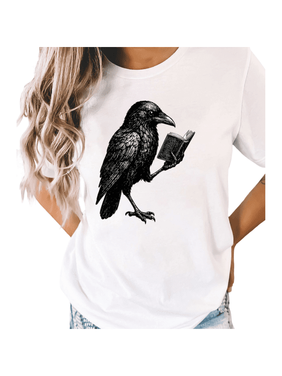 Women's White Sketch Raven Crow Reading Book Print Dark Academia Bookworm Graphic Short Sleeve T-Shirt S-5XL Daily Top
