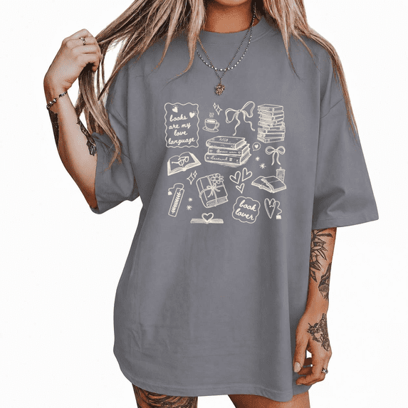 UNISHE Women's White Sketch Reading Doodle Book Language Graphic Short Sleeve T-shirt Relaxed Fit