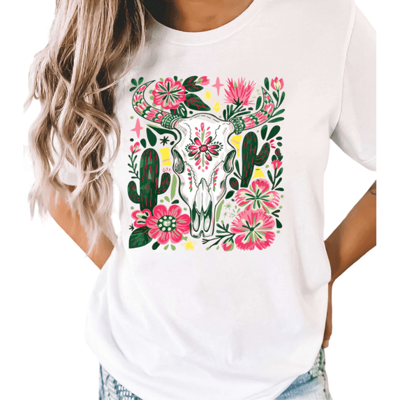 UNISHE Women's White Southwest Cactus Star Floral Cow Skull Print Southwest Cactus Boho Western Graphic Short Sleeve T-Shirt S-5XL Daily Top