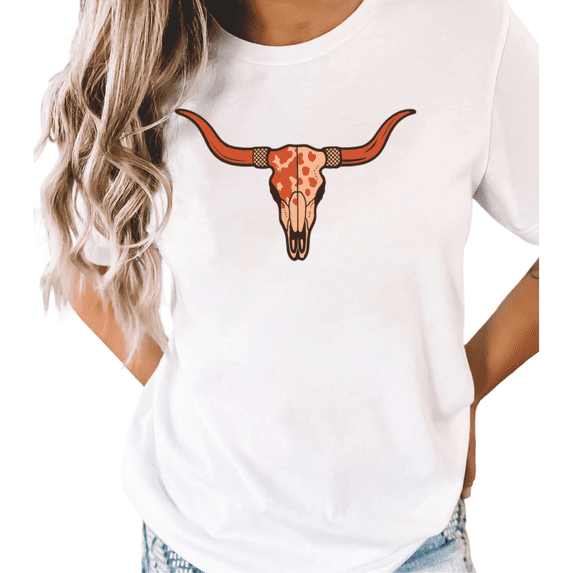 UNISHE Women's White Spotted Cow Print Longhorn Skull Western Print Western Cowgirl Boho Skull Graphic Short Sleeve T-Shirt S-5XL Daily Top