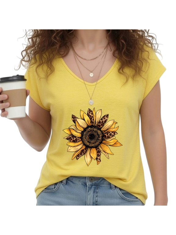 Women's Wild Leopard Sunflower Yellow V-Neck Sleeveless T-Shirt S-5XL Daily Soft Tank Top