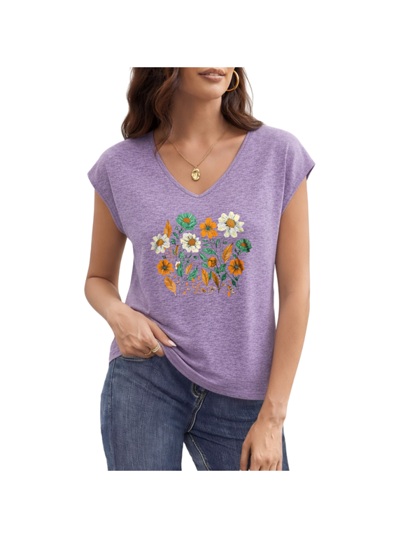 Women's Wildflower Daisy Floral Graphic V-Neck Short Sleeve T-Shirt Casual Loose Fit Boho Summer Tees