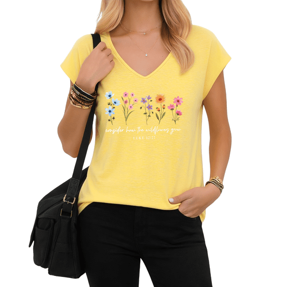 UNISHE Women's Wildflower Graphic V-Neck Short Sleeve T-Shirt Mint Green Bible Verse Comfort Tee