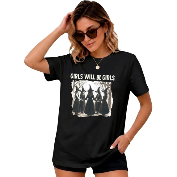 UNISHE Women's Witch Circle Dark Hand Drawn Graphic Print Tee Halloween Statement Bold Everyday Short Sleeve Top