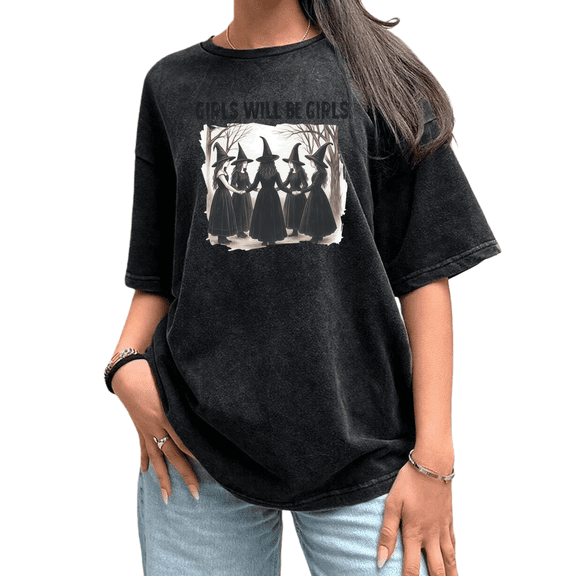 UNISHE Women's Witch Circle Distressed Print T-Shirt Retro Halloween Loose Crewneck Casual Short Sleeve Top