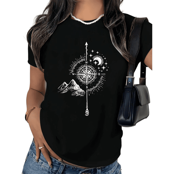 UNISHE Women's Witchy Compass Tee Boho Mountain Moon Star Vintage Graphic Short Sleeve Aesthetic Top S-5XL