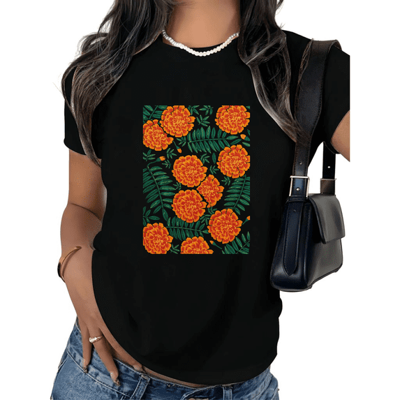 UNISHE Women's Women's Summer Autumn Marigold Tee Orange Flower