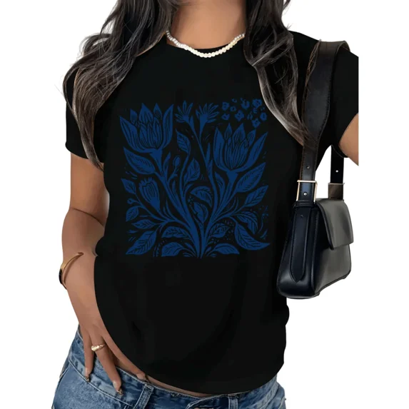 UNISHE Women's Woodcut Floral Graphic Short Sleeve T-Shirt Casual Crewneck Loose Fit Tees S-5XL