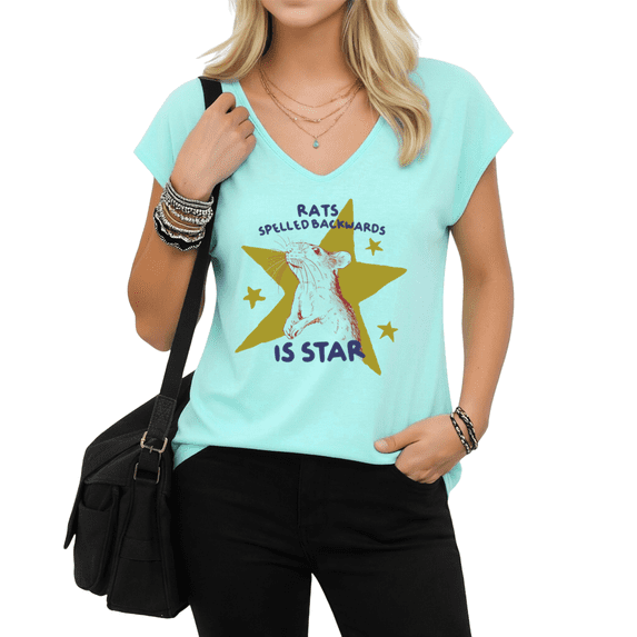 UNISHE Women's Wordplay Rat Graphic V-Neck Short Sleeve T-Shirt Funny Spelled Backwards Tee