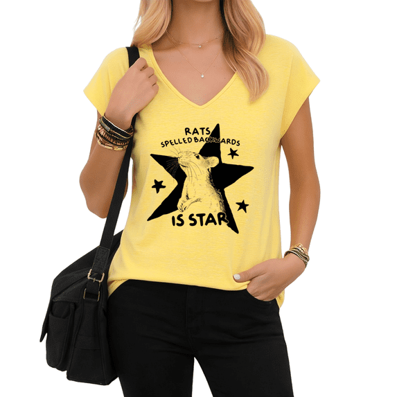 UNISHE Women's Wordplay Rat Graphic V-Neck Short Sleeve T-Shirt Funny Spelled Backwards Tee