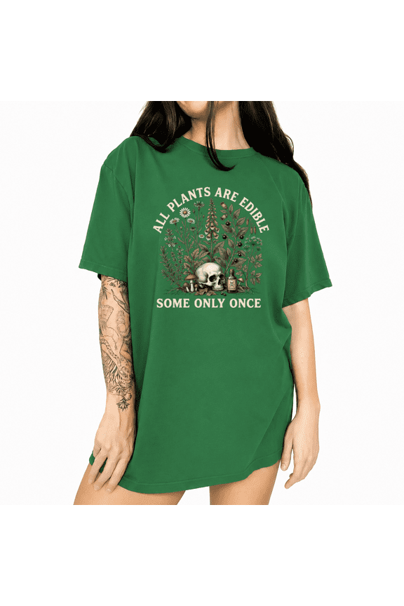 Women's Worn Faded Dark Vintage Poison Wild Herb Floral Skull Mushroom Graphic Short Sleeve T-Shirts Green Tops