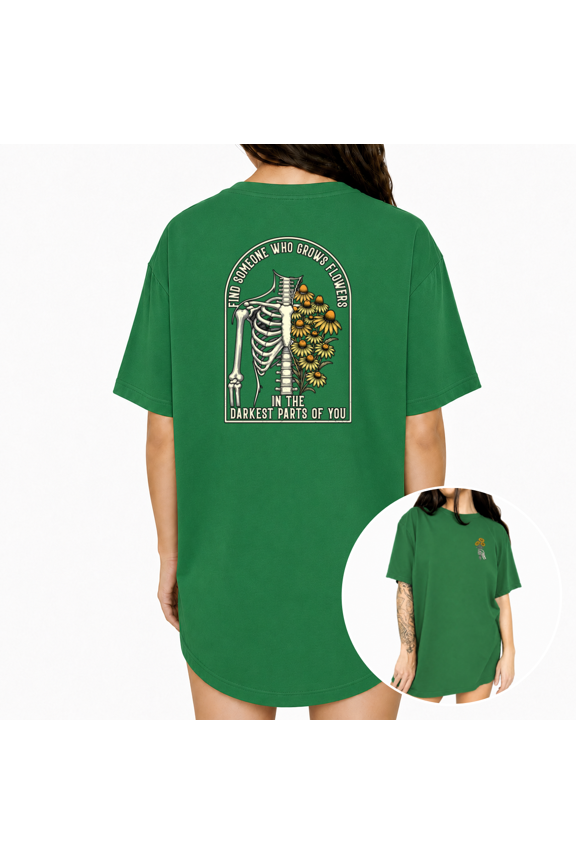 Women's Worn Faded Vintage Dark Soul Full Torso Skeleton Sunflower Arched Floral Graphic Short Sleeve T-Shirts Green Tops