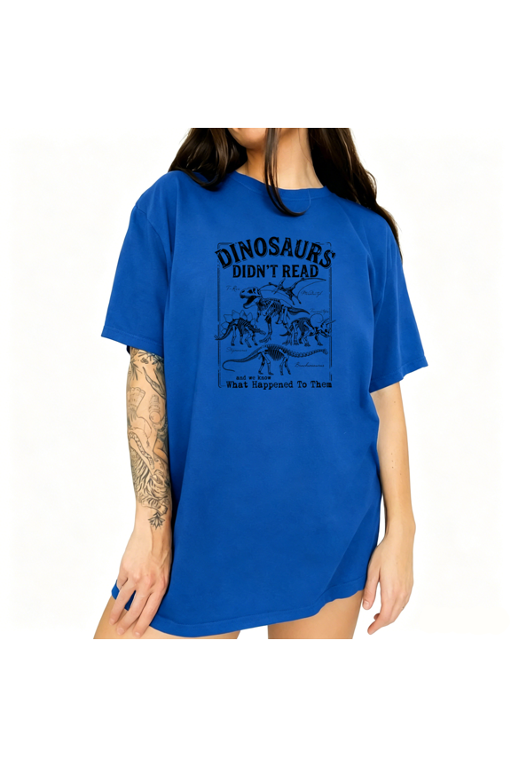 Women's Worn Faded Vintage Prehistoric Multi Dino Fossil Skeleton Reading Quote Graphic Short Sleeve T-Shirts Blue Tops