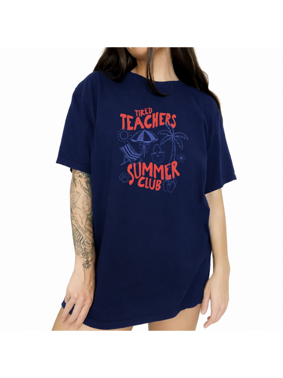Women's Worn Faded Vintage Tired Teacher Coastal Beach Summer Holiday Sketch Graphic Short Sleeve T-Shirts Navy Blue Tops