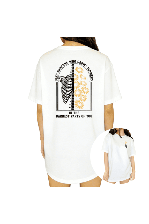 Women's Worn Vintage Black Line Two Tone Dark Soul Rib Skeleton Sunflower Graphic Short Sleeve T-Shirts white Tops