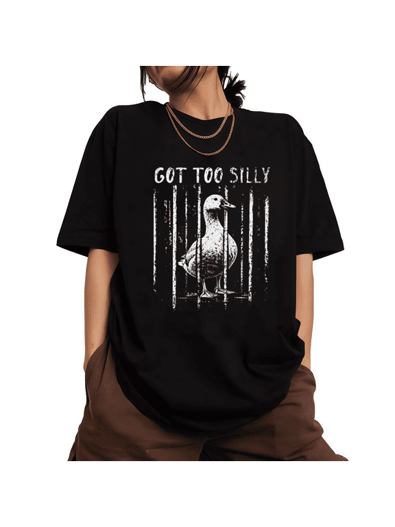 Women's Worn Vintage Duck Got Too Silly Jail Strip Graphic Short Sleeve T-Shirts Black Tops