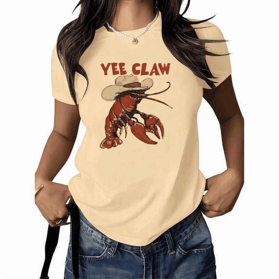 UNISHE Women's Yee Claw Crawfish Graphic T-Shirt Funny Southern Humor Tee Cowboy Summer White Top