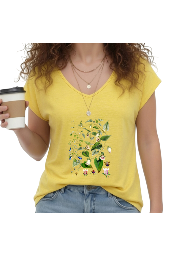 Women's Yellow Antique Herbarium Passion Vine Bloom Graphic S-5XL V-Neck Sleeveless T-Shirt Cozy Tank Top
