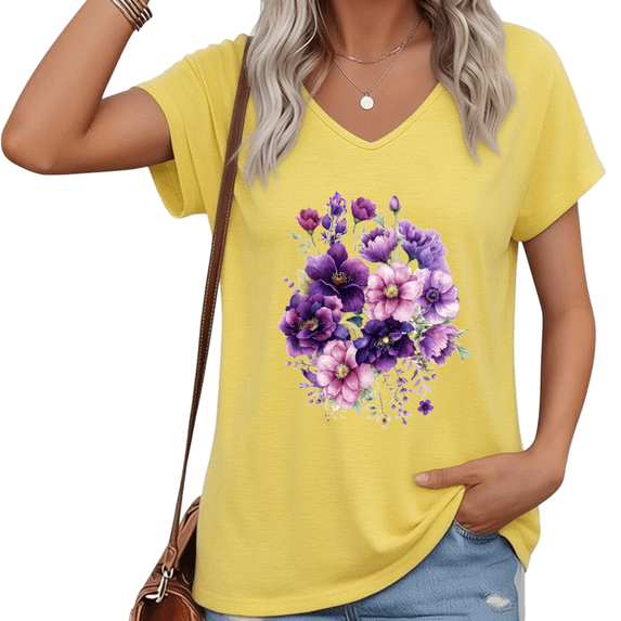 UNISHE Women's Yellow V-Neck T-Shirt Watercolor Floral Print Short Sleeve Casual Loose Fit S-5XL