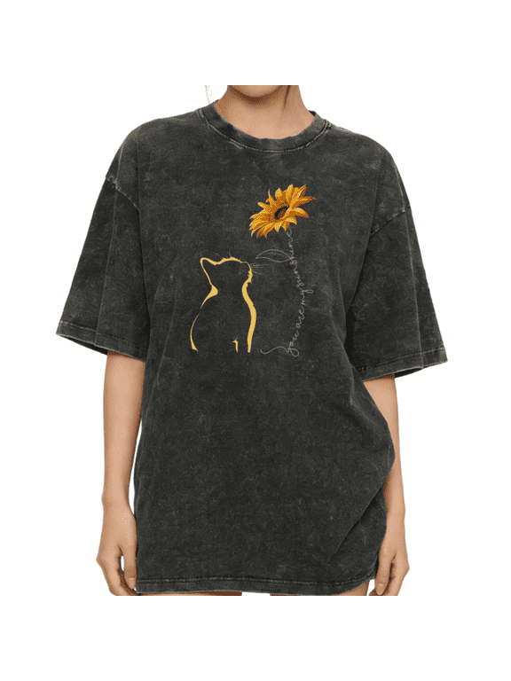 Women's "You Are My Sunshine" Cat & Sunflower Vintage Washed T-Shirt Short Sleeve Distressed Relaxed Fit Tee