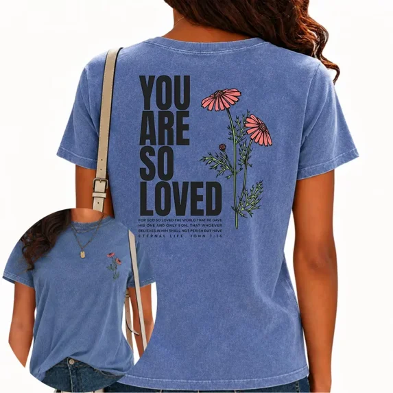 UNISHE Women's You Are So Loved John 3 16 Print T-Shirts Floral Graphic Tees Washed Vintage Casual Tops Blue, M