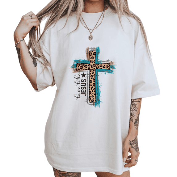 UNISHE Women's white Casual Cowgirl Western Leopard Cross Christian Graphic Short Sleeve T-Shirts Tops
